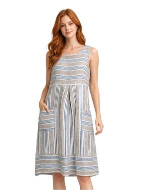 J. Jill Love Linen Striped Sleeveless Shift Blue White Brown Dress Size M